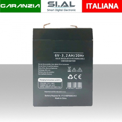 Batteria al Piombo 6V 3.2AH - 66x33x98mm