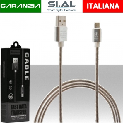 Cavo dati in METALLO USB - MICRO USB (Android) - Lunghezza 1 metro - Colore ARGENTO - Alta corrente - Non si attorciglia