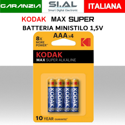 Batterie ministilo alcaline KODAK MAX SUPER ALKALINE AAA 1,5V Confezione 4pz.