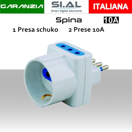 Adattatore triplo con spina elettrica piccola 3 posti  2 prese 10A con schuko Bianco