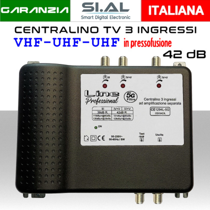 Centralino antenna TV da interno 3 ingressi BIII-UHF-UHF 42dB telaio pressofuso
