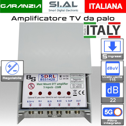 Amplificatore antenna TV 5 ingressi BIII-IV-V-UHF-S (32/34) 22dB regolabile BS51420