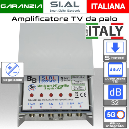 Amplificatore antenna TV 5 ingressi BIII-IV-V-UHF-S (32/34) 32dB regolabile BS51430