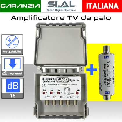 Amplificatore antenna TV 4 ingressi BIII-IV-V-UHF ( 32/34 ) 15dB regolabile AP917