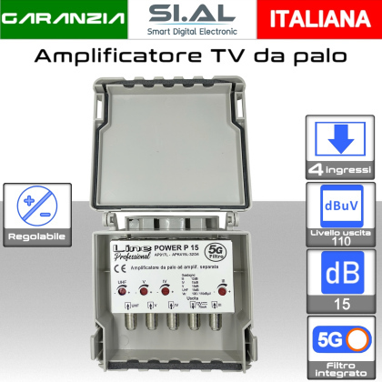 Amplificatore antenna TV 4 ingressi BIII-IV-V-UHF ( 32/34 ) 15dB regolabile AP917L-5G