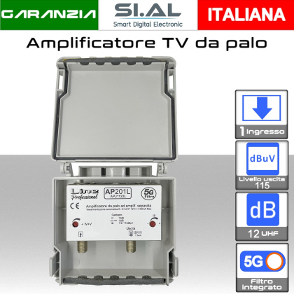 Amplificatore antenna TV 1 ingresso UHF-VHF 12dB regolabile AP201L