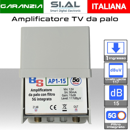 Amplificatore antenna TV 1 ingresso UHF 15dB  AP1-15