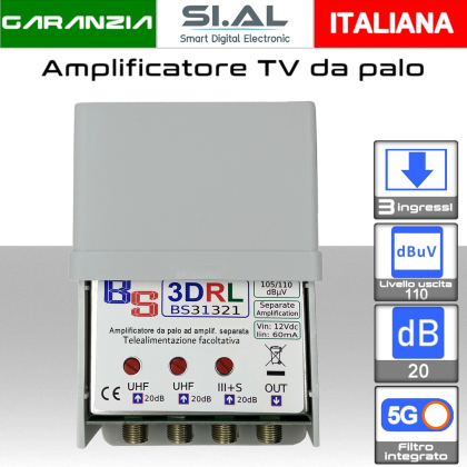 Amplificatore antenna TV 3 ingressi VHF-UHF-UHF 20dB regolabili  BS31321