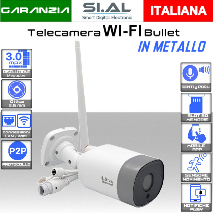 Telecamera wifi da esterno in metallo 3.0 mpx ottica fissa 3.6 mm IP66 con Microfono incorporato