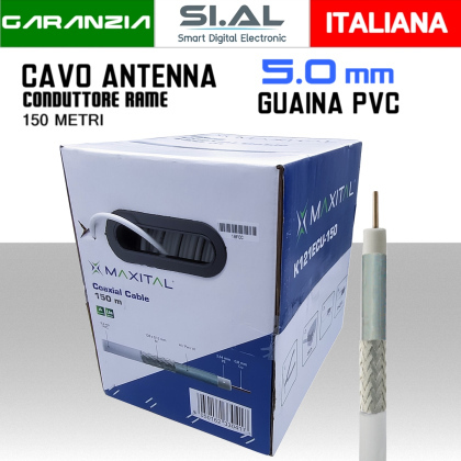 Cavo coassiale antenna TV bianco 5 mm da 150 metri coax PVC svolgicavo interno conduttore in rame rosso 