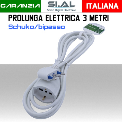 Prolunga elettrica 3 metri  Schuko e Bivalente 10/16A Bianca 