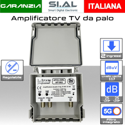 Amplificatore antenna TV 2 ingressi UHF 25dB regolabile AP2U-25RL