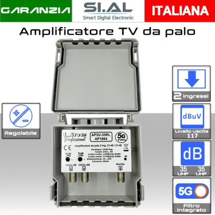 Amplificatore antenna TV 2 ingressi UHF 35dB regolabile AP2U-35RL