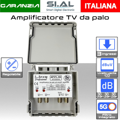 Amplificatore antenna TV 3 ingressi VHF-UHF-UHF 30dB regolabile AP37L-5G