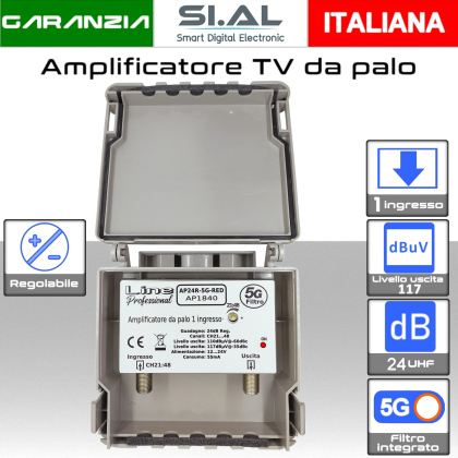 Amplificatore antenna TV 1 ingresso UHF 24dB regolabile AP24R