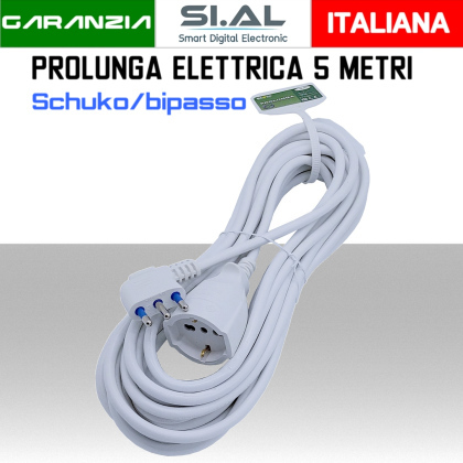 Prolunga elettrica 5 metri Schuko e Bivalente 10/16A Bianca