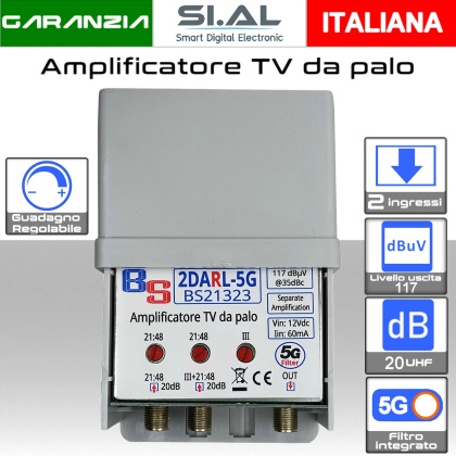 Amplificatore antenna TV 2 ingressi III-UHF/UHF 20dB regolabili BS21323