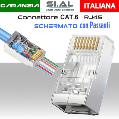 Connettore RJ45 CAT6 schermato passante per cavi Ethernet LAN conf.100pz.Box