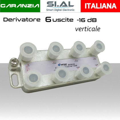 Derivatore antenna 6 uscite verticale attenuazione -16dB con 1 via passante DC schermato con connettore F per banda TV e Satellite mitan DF616