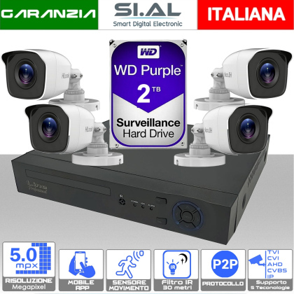 KIT Videosorveglianza 4 telecamere Bullet 5MP con DVR Ibrido 