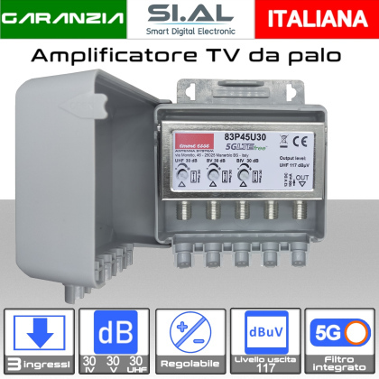Amplificatore antenna TV 3 ingressi IV-V-UHF (42/43) 30dB regolabile Emme Esse 83P45U30