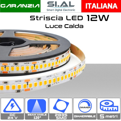 Striscia LED 24V IP20 Luce calda 3000K da 5 metri 12W/metro dimmerabile 