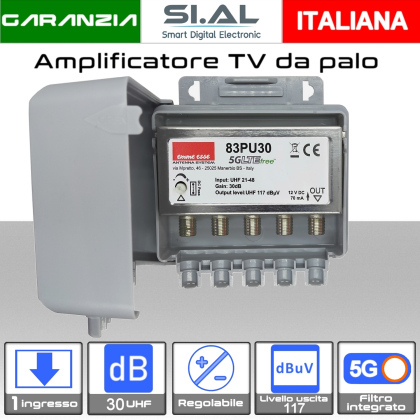 Amplificatore antenna TV 1 ingresso UHF 30dB regolabile Emme Esse 83PU30