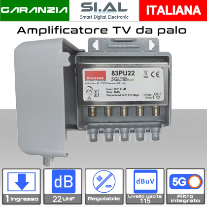 Amplificatore antenna TV 1 ingresso UHF 22dB regolabile Emme Esse 83PU22
