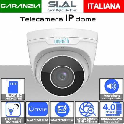 Telecamera IP ottica Motorizzata 2.8- 12mm Dome 4 megapixel da esterno PoE con microfono incorporato Uniarch 