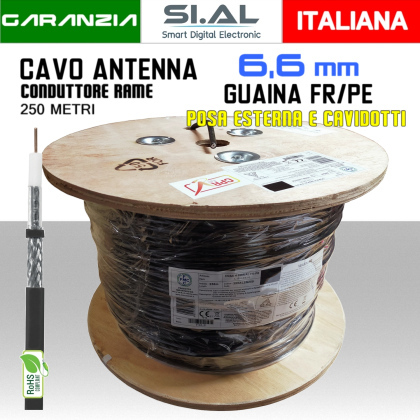 Cavo antenna TV 6,6 mm in bobina 250 metri Rame e FR-PE nero Micro TEK