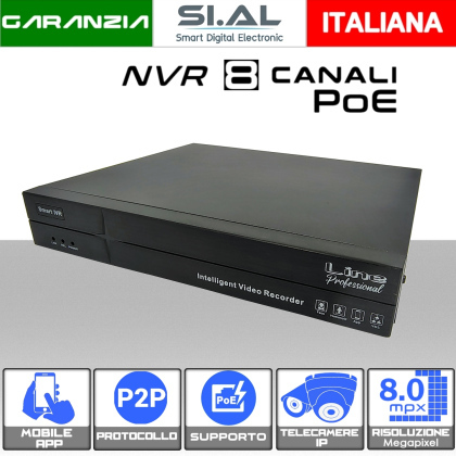 NVR Videosorveglianza POE 8 Canali 8MP supporto ONVIF IP con IA