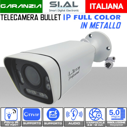 Telecamera IP Bullet Poe Onvif 5MP varifocale 2.8-12 mm IP67 full color