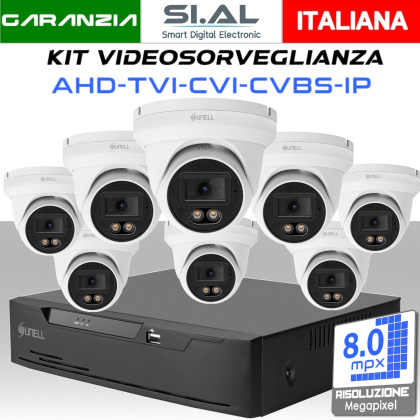KIT Videosorveglianza 8 telecamere Dome 8MP con DVR Ibrido 4K Sunell