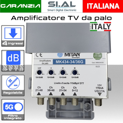 Amplificatore antenna TV 4 ingressi VHF-IV-V-UHF 32dB Mitan MK434-34/36