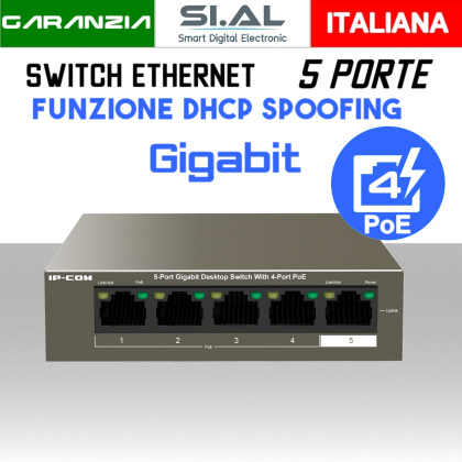Switch PoE Ethernet 5 Porte Gigabit Lan modello IP-COM G1105P-4-63W 