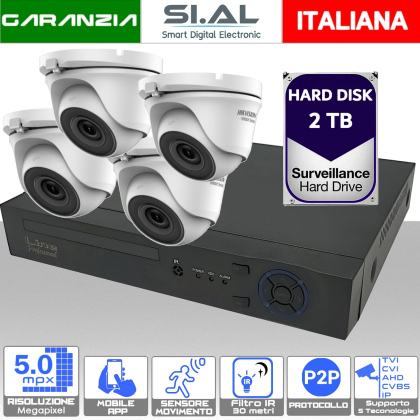 KIT Videosorveglianza 4 telecamere Turret 5MP Hikvision con DVR Ibrido e HARD DISK 2TB