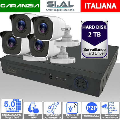 KIT Videosorveglianza 4 telecamere Bullet 5MP Hikvision con DVR Ibrido e HARD DISK 2TB