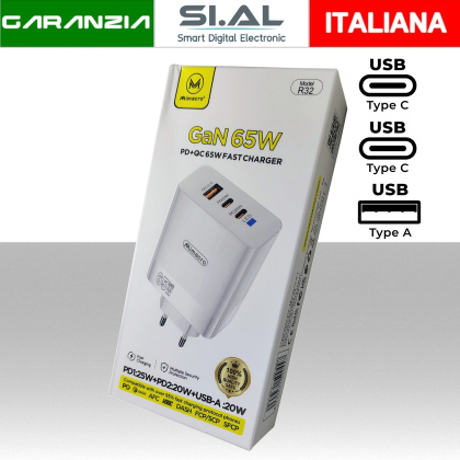 MIM50-044 Alimentatore Fast Charge 65W  con 3 Porte USB TYPE-C USB-A
