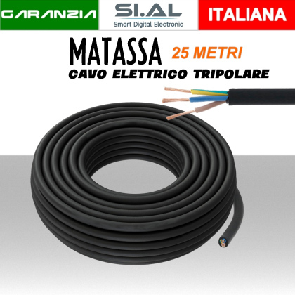 Cavo elettrico 3 x 1,5mm nero H05VV-F3G | Matassa 25 metri Tripolare