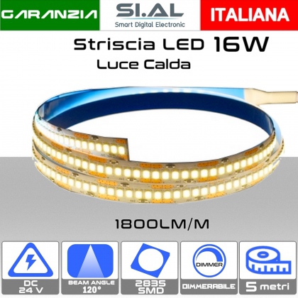 Striscia LED SMD2835-16W a 1800Lumen/metro 5.0metri dc24V Luce calda 3000K IP20