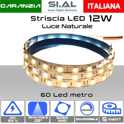 Striscia LED SMD5050-12W a 1100Lumen/metro 5.0metri dc24V  Luce Naturale  4000K IP20