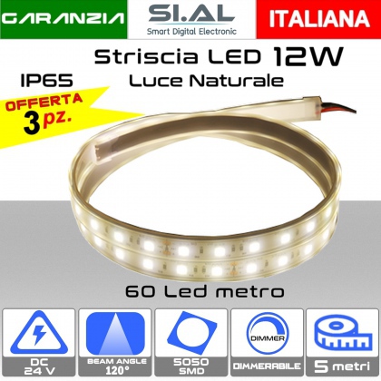 Offerta 3PZ.  Striscia LED SMD5050-12W a 1000Lumen/metro 5.0metri dc24V Luce Naturale 4000K IP65