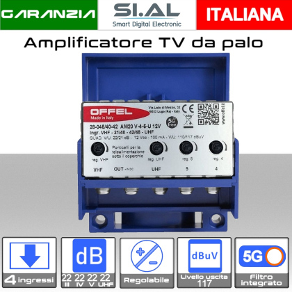 Amplificatore antenna TV 4 ingressi VHF-IV-V-UHF 22dB | OFFEL 28-045 /40-42