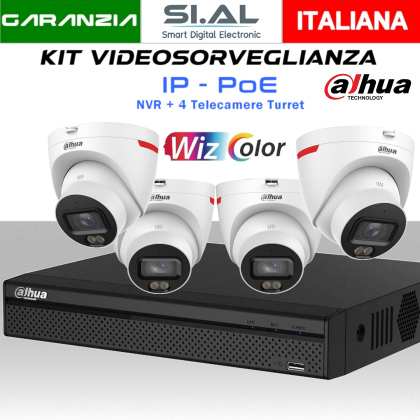 Kit Videosorveglianza IP Dahua 4 Telecamere Turret WizColor con NVR 12MP