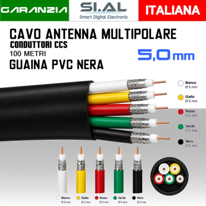 Cavo Antenna TV Multipolare 5 Coassiali 5mm colorati - Bobina 100m
