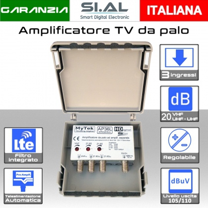 Amplificatore antenna TV 3 ingressi 20dB VHF-UHF-UHF regolabile con Telealimentazione e filtro Lte