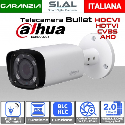  Telecamera bullet Dahua FHD ibrida 4 in 1 filtro IR 60 metri 2.0 mpx con ottica motorizzata 2,7 ~ 12 mm  