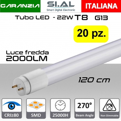 Tubo LED T8 attacco G13 da 22W a 2000 lumen luce fredda misure 120 cm PACK 20 PZ