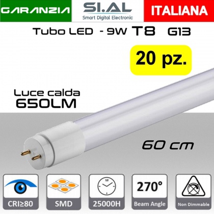 Tubo LED T8 attacco G13 da 9W a 650 lumen luce calda misure 60cm PACK 20 PZ 