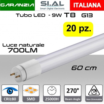 Tubo LED T8 attacco G13 da 9W a 700 lumen luce naturale misure 60 cm PACK 20 PZ